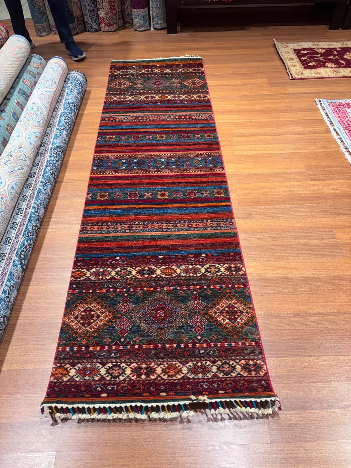 Indigo Lattice Runner — handmade Turkish Kazak rug, wool