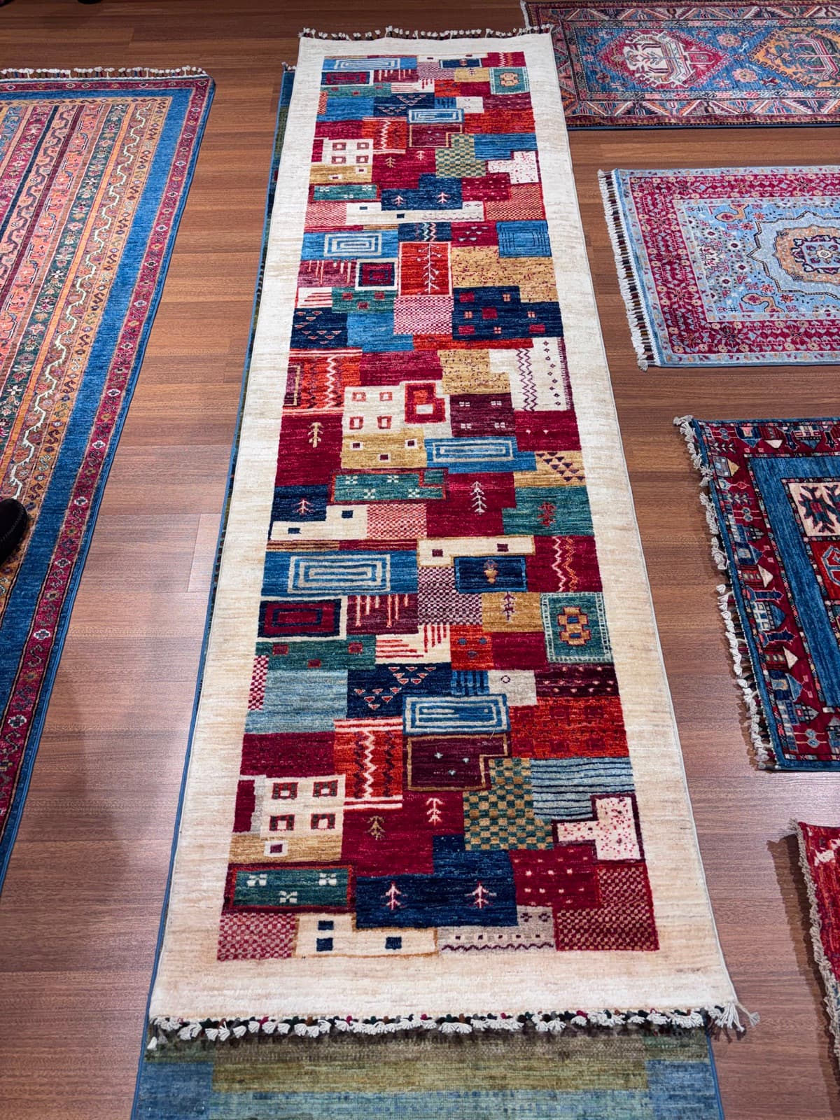 Mosaic Patchwork Runner — handmade Turkish Gabbeh rug, wool