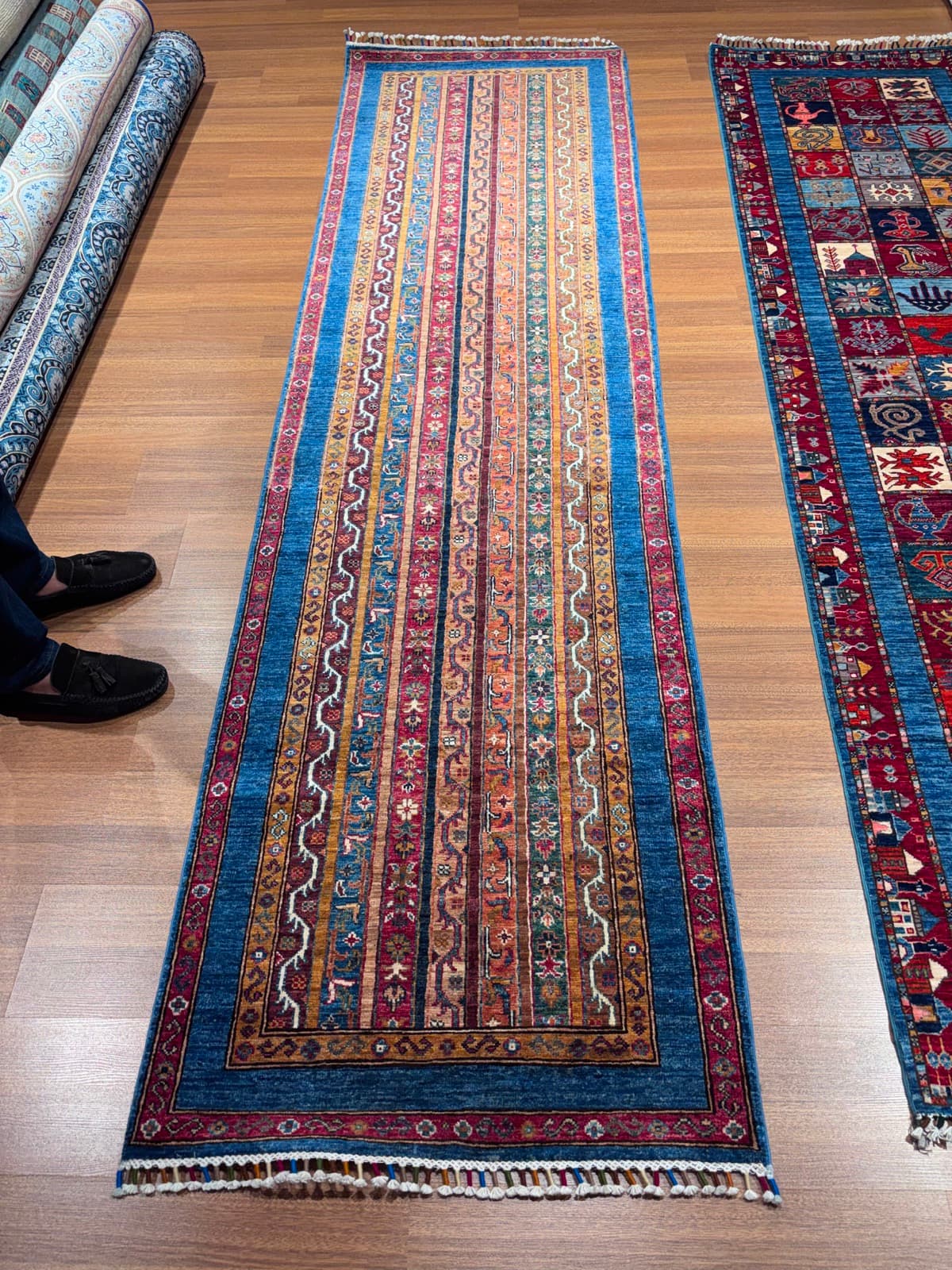 Cobalt Vine Runner — handmade Turkish Heriz rug, wool