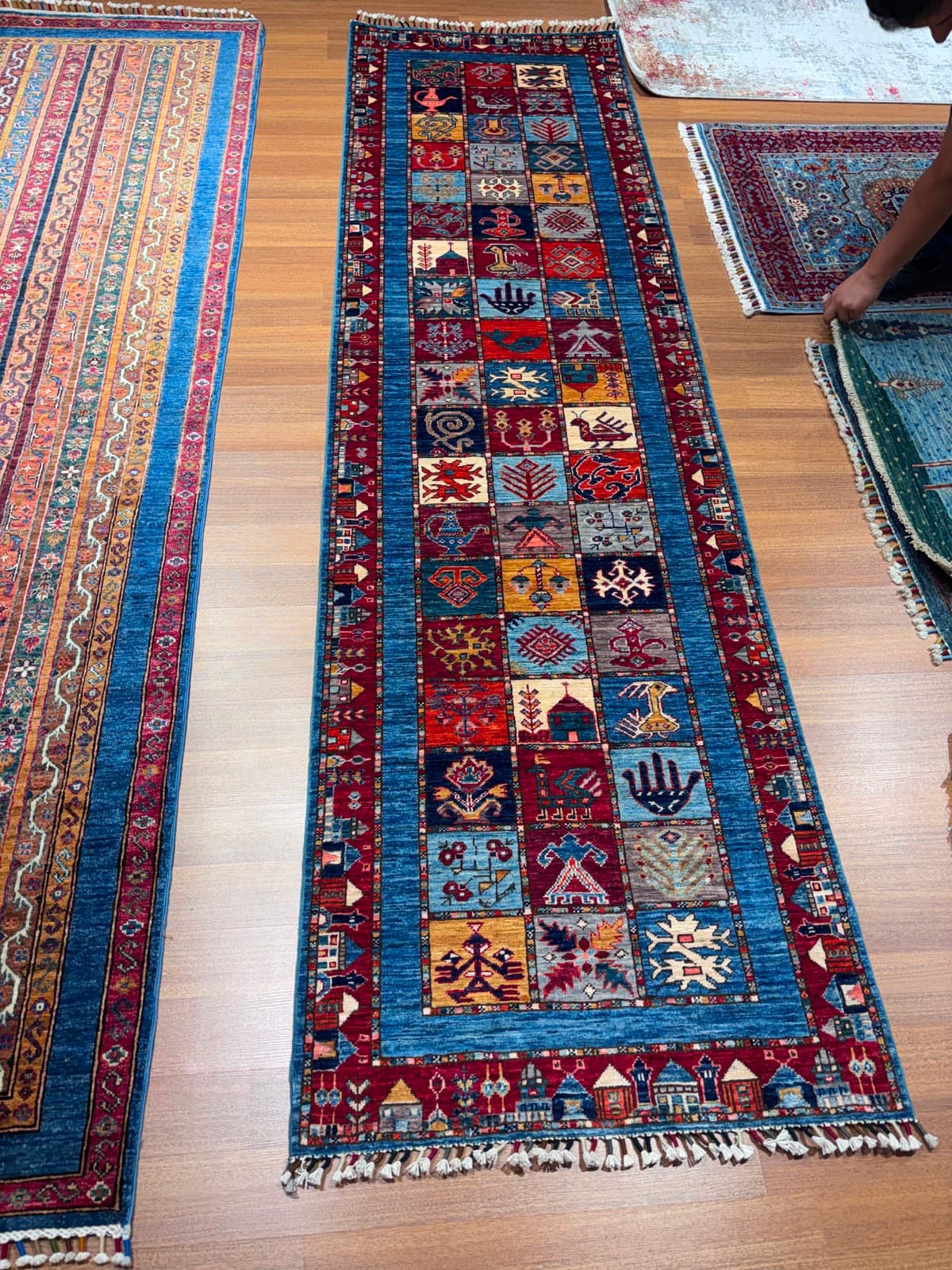 Azure Folk Tale Runner — handmade Turkish Tribal rug, wool