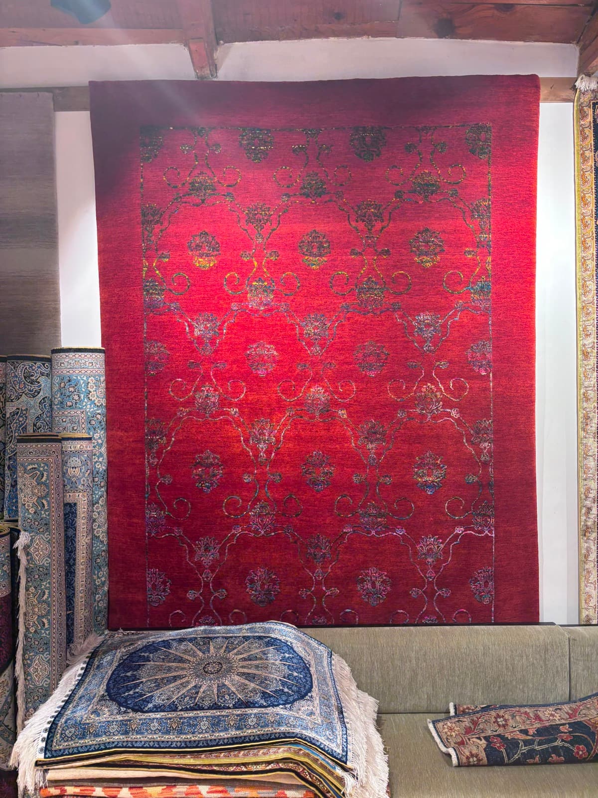 Crimson Whisper Carpet — handmade Turkish Distressed rug, wool & silk