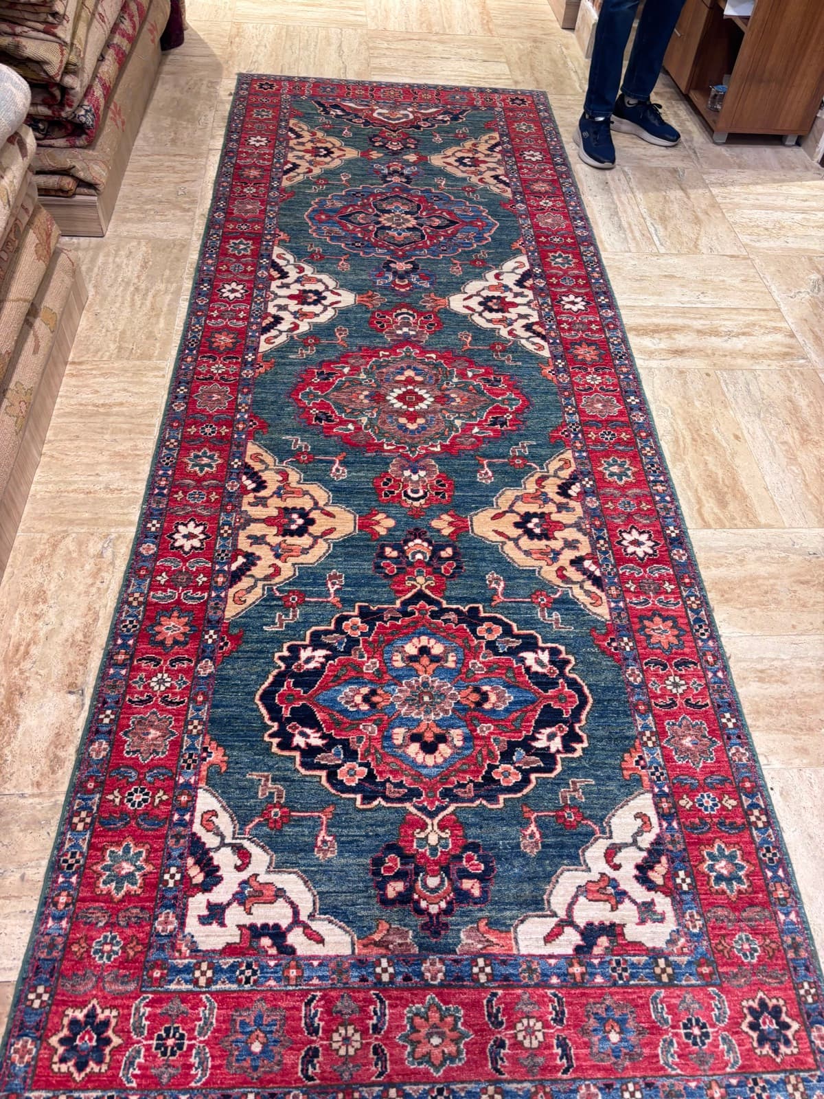 Teal Medallion Runner — handmade Turkish Kazak rug, wool